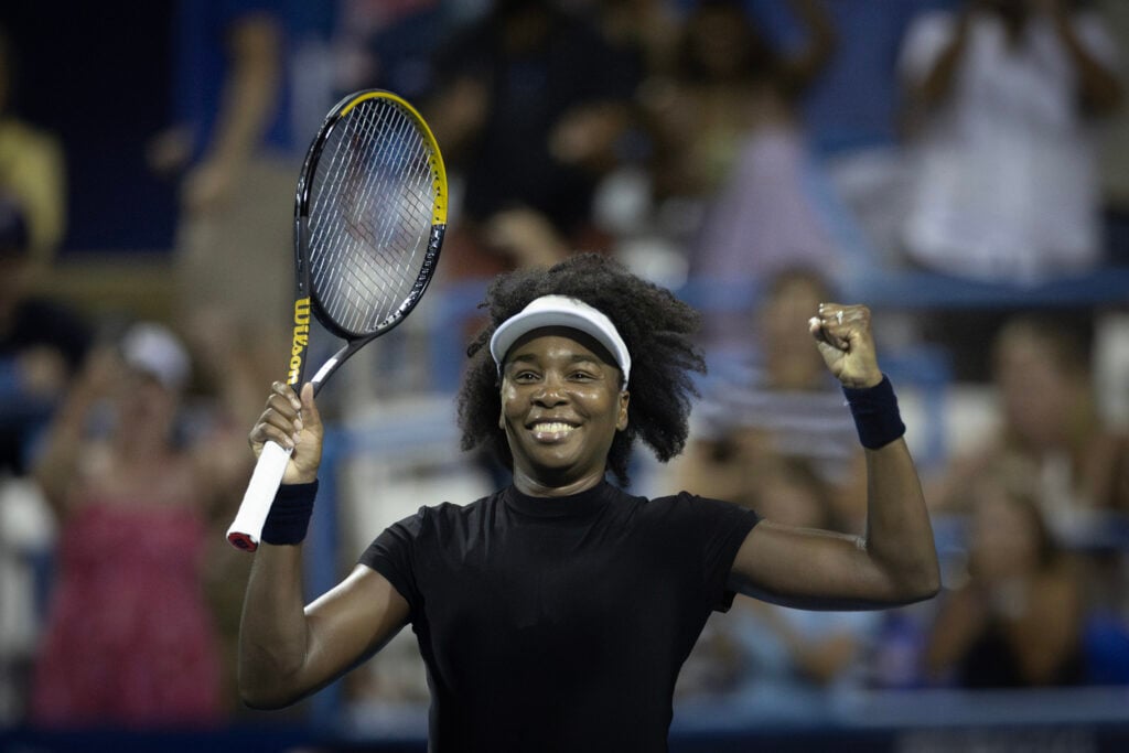 Venus Williams celebrates her win over Peyton Stearns at the 2025 Washington Open
