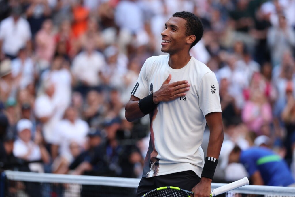 Felix Auger-Aliassime celebrates his win over Alex de Minaur at the 2025 US Open