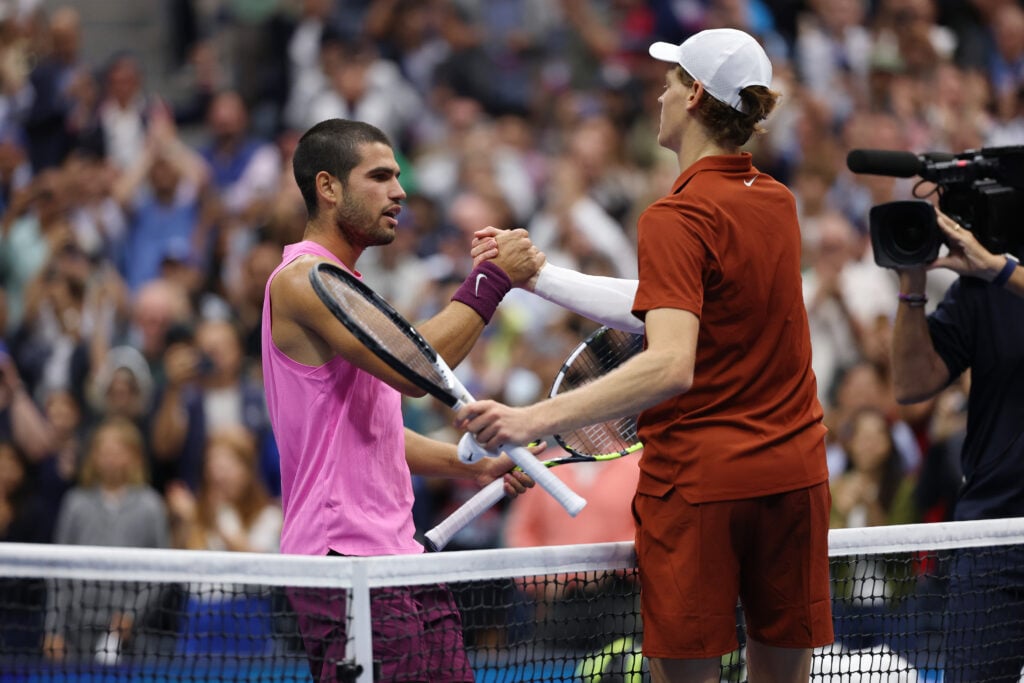 Carlos Alcaraz and Jannik Sinner shake hands after the 2025 US Open final