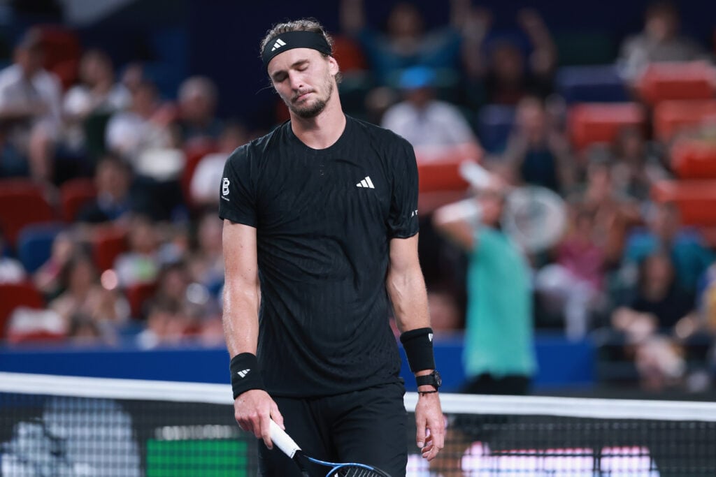 Alexander Zverev of Germany reacts during his match against Arthur Rinderknech of France in the Men's singles round of 32 match on Day 8 of 2025 Shanghai Rolex Masters at Qi Zhong Tennis Center.