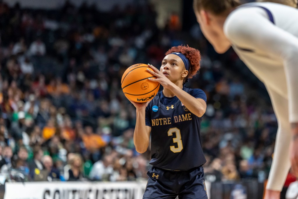 Notre Dame guard Hannah Hidalgo prepares to shoot a free throw during an NCAA Tournament game.