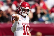 Oklahoma quarterback John Mateer in action during an NCAA college football game against...