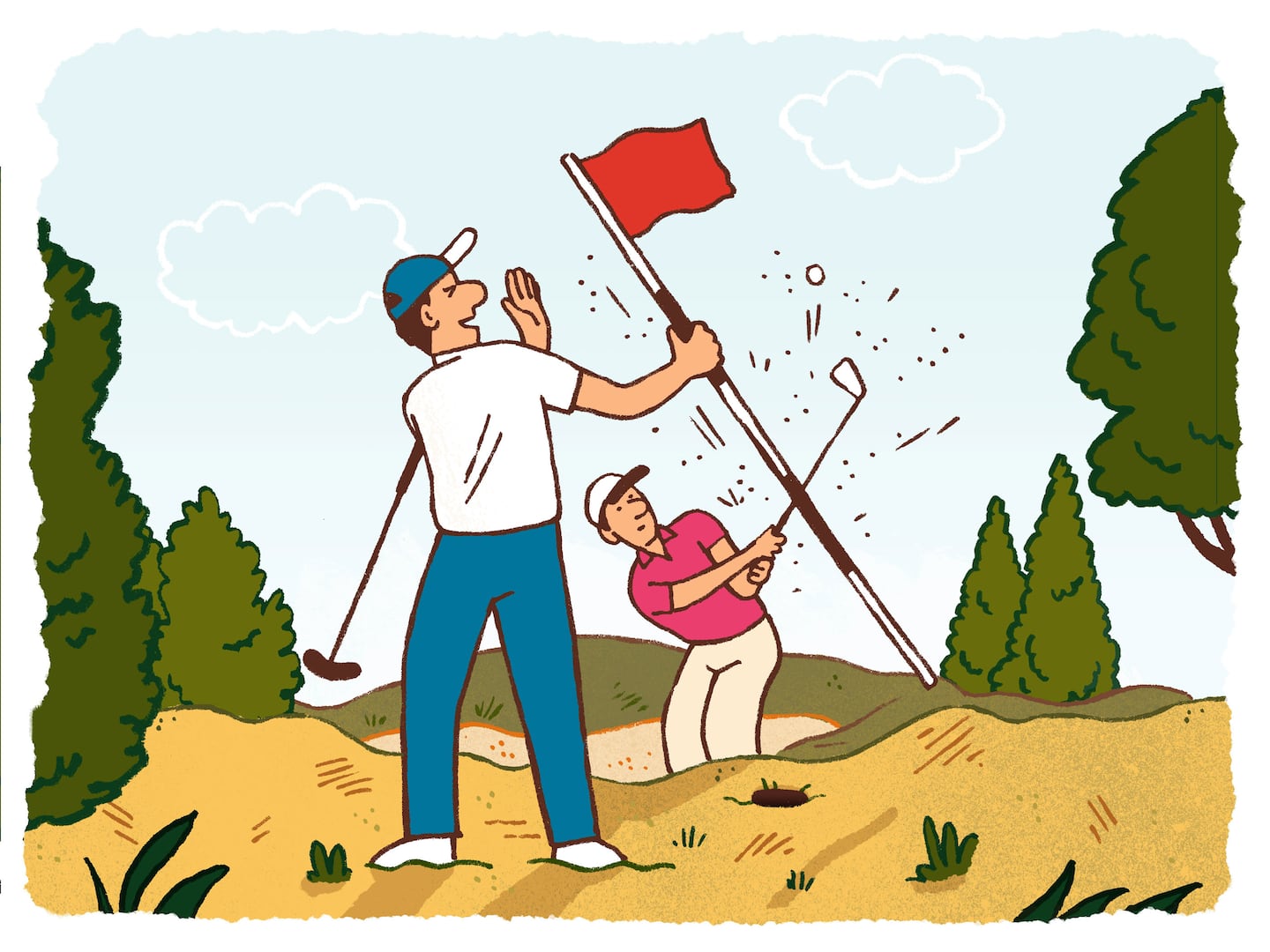 Golfer hitting a ball out of a sand trap in the background while another golfer stands in the foreground holding a flag.
