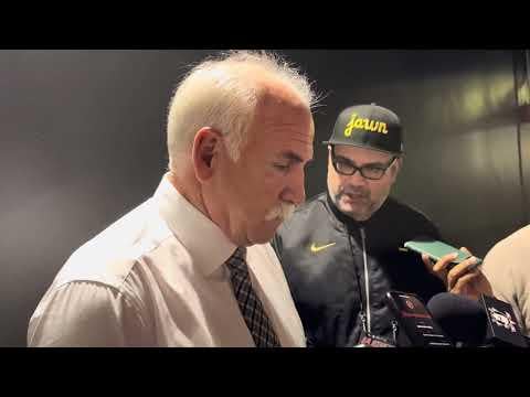 Ducks head coach Joel Quenneville speaks to the media after their 5-4 overtime loss to the Kings