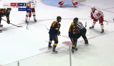 Kashawn Aitcheson wins a faceoff and then scores his first of the year with a one-time bomb