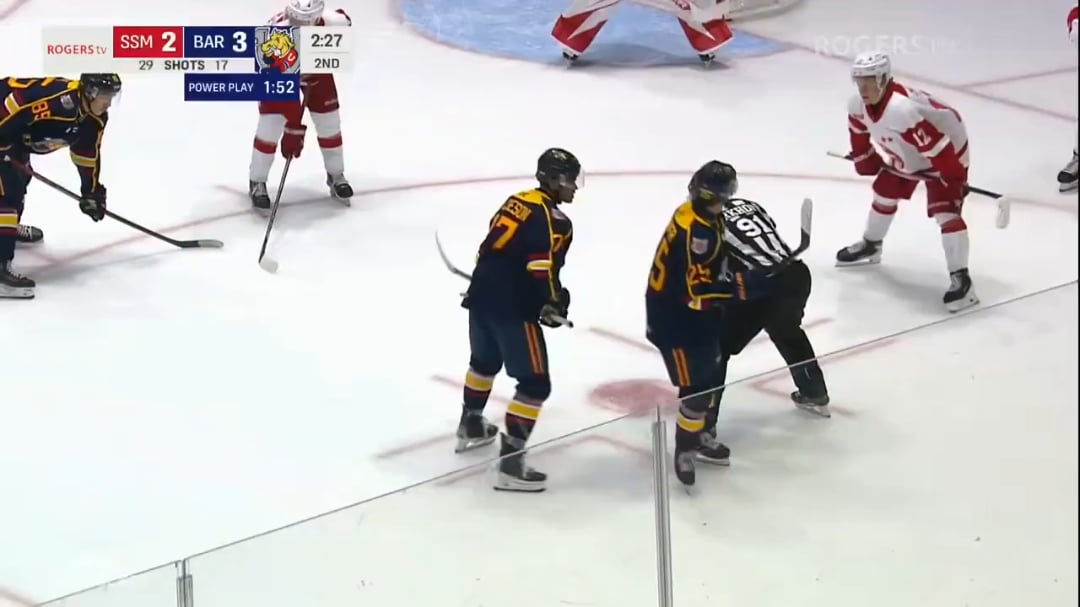 Kashawn Aitcheson wins a faceoff and then scores his first of the year with a one-time bomb