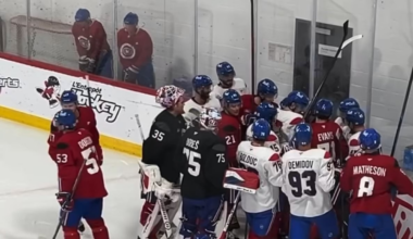 Practice stops for a Lane Hutson celebration