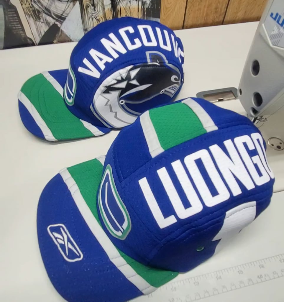 Custom hats I made from a replica Luongo jersey
