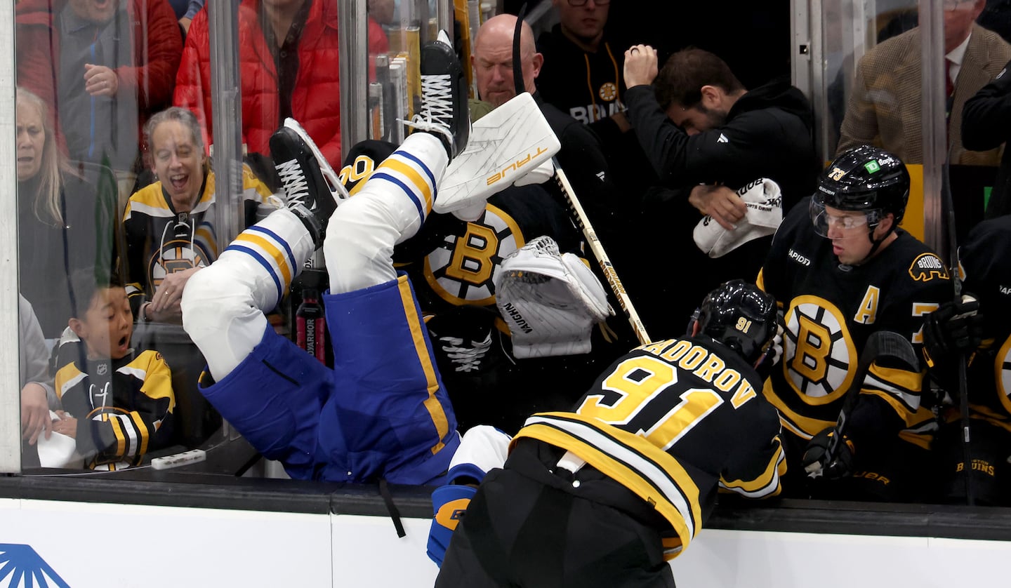 Nikita Zadorov dumped Sabres defenseman Owen Power into the Bruins bench in the first period, much to the delight of the fans at TD Garden.