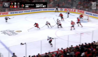 Ottawa pulls their goalie on the power play, Frank Nazar is tripped on a breakaway but scores a shorthanded empty net goal anyway for his 5th goal of the season