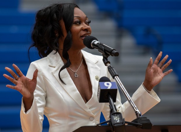 WNBA star and Gary native Dana Evans speaks after receiving the Key to the City at West Side Leadership Academy in Gary on Thursday, Oct. 30, 2025. (Michael Gard/for the Post-Tribune)
