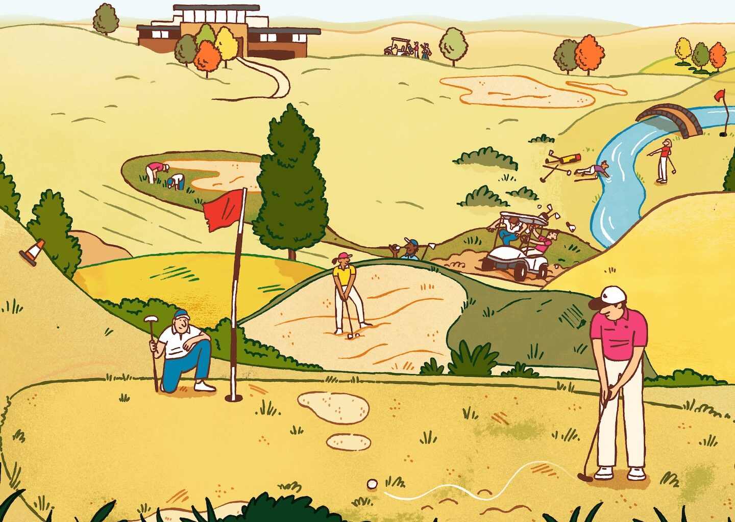 Illustration showing an overview of a mostly brown and dry looking golf course. In the foreground, there's a golfer putting through a really rough area while another person kneels down next to the hole holding a flag. Behind them, another golfer is in a sandpit while a golf cart passes by. In the background, there's a clubhouse.