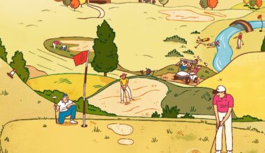 Illustration showing an overview of a mostly brown and dry looking golf course. In the foreground, there's a golfer putting through a really rough area while another person kneels down next to the hole holding a flag. Behind them, another golfer is in a sandpit while a golf cart passes by. In the background, there's a clubhouse.