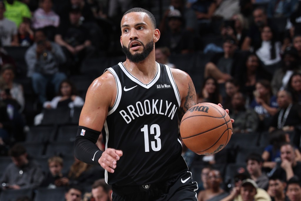 Tyrese Martin, who scored three points, looks to make a play during the Nets' 123-88 blowout win over Hapoel Jerusalem on Oct. 4, 2025.