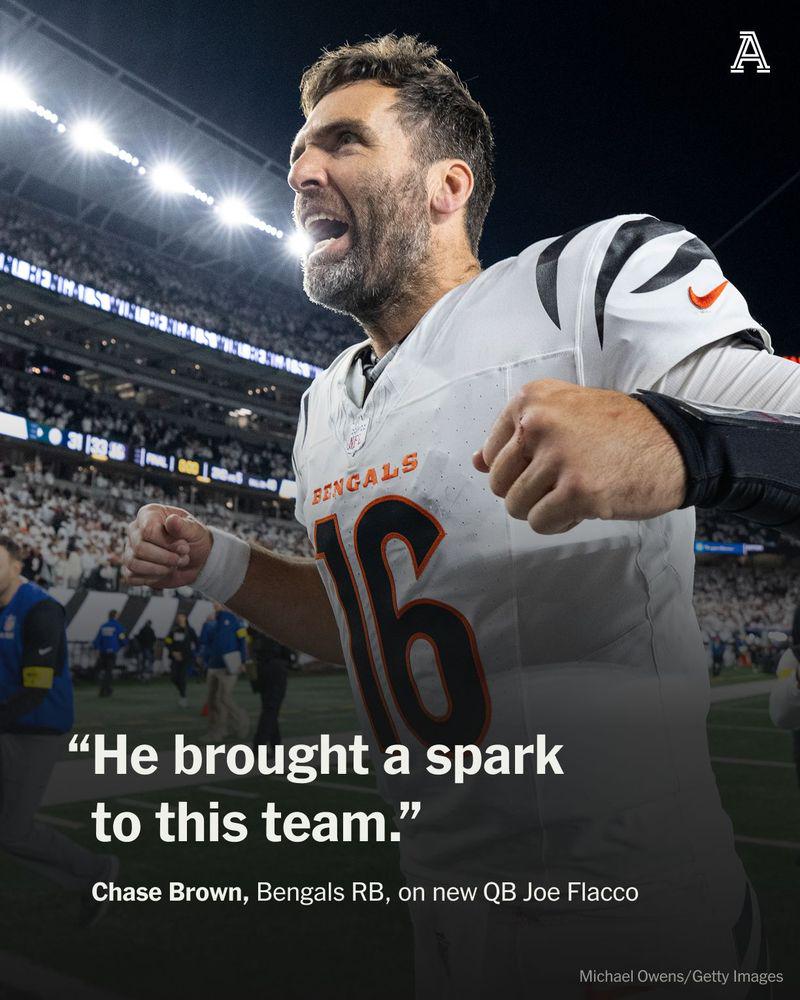 [Athletic] Joe Flacco in the nine days he's been with the Cincinnati Bengals: ◽️559 Passing yards ◽️5 TD passes ◽️0 INTs ◽️1 Masterful game-winning drive ..