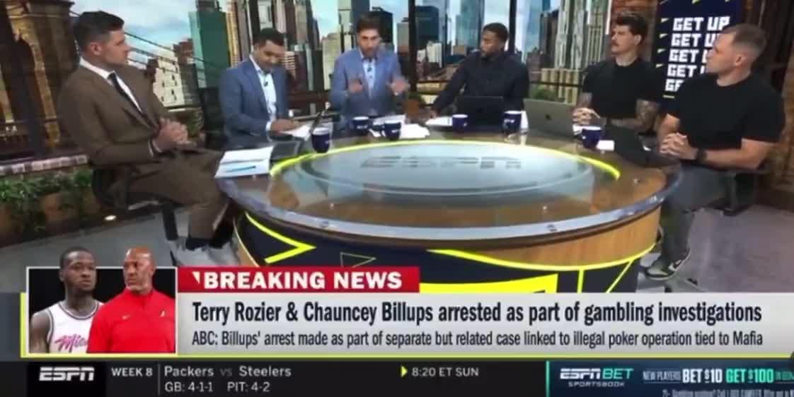 ESPN slowly removes their ‘ESPN BET’ sports ticker during their segment on the Rozier and Billups gambling arrests