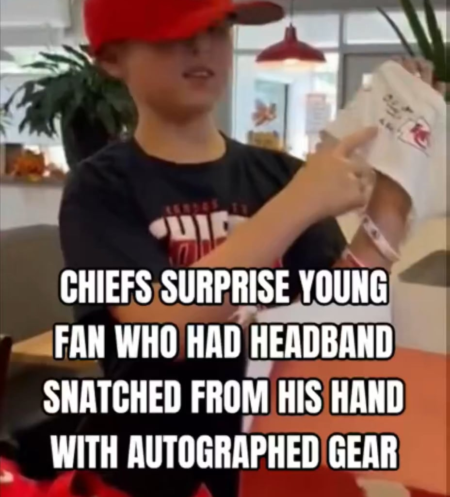 [Farzin Vousoughian] Joey, the young boy who had Patrick Mahomes’ headband snatched from his hand, was sent gear from the Chiefs signed by Mahomes