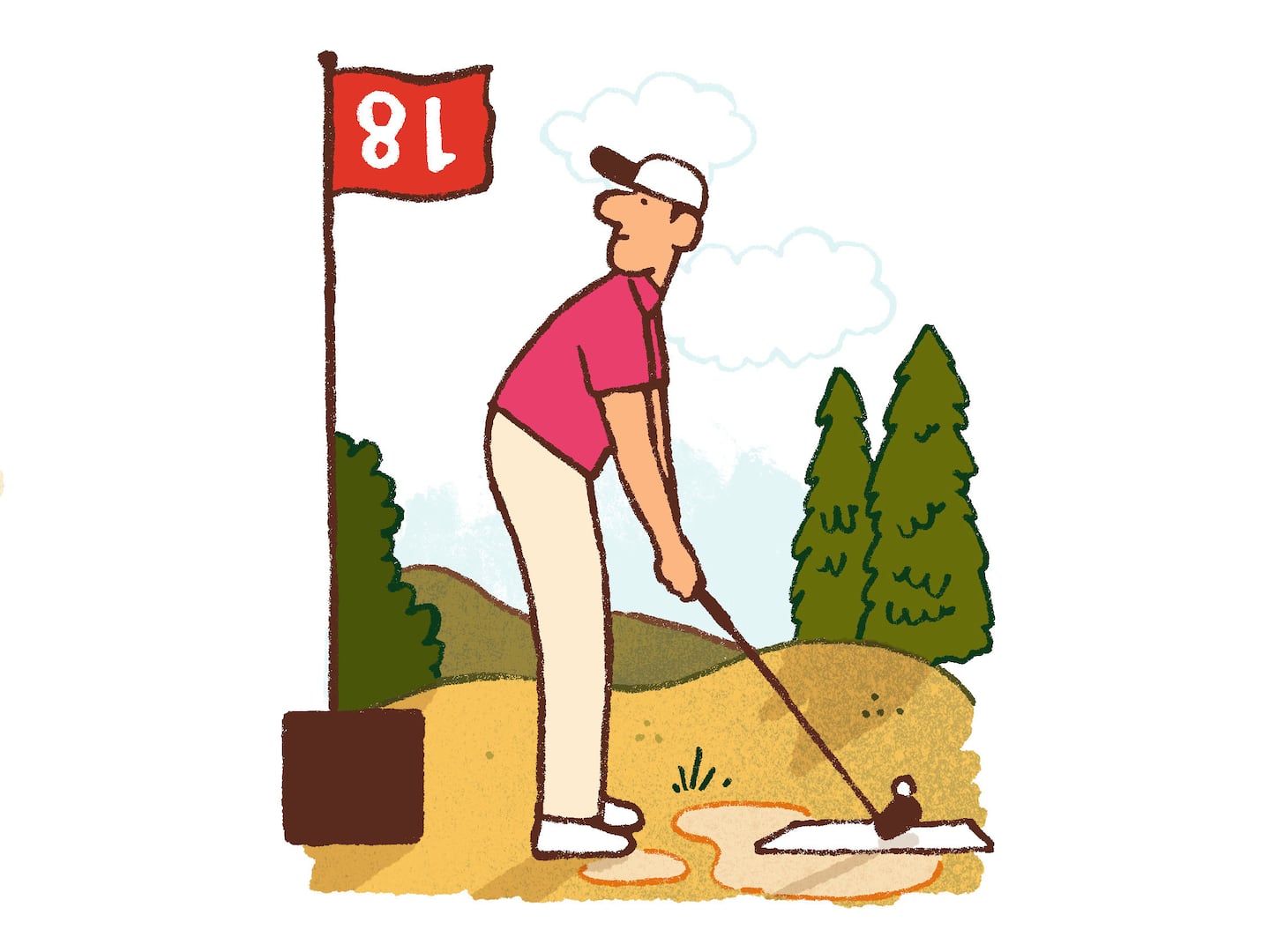 Illustration of a golfer standing at the tee for the 18th hole, where the flag marking the hole is upside down, so the number is backwards.
