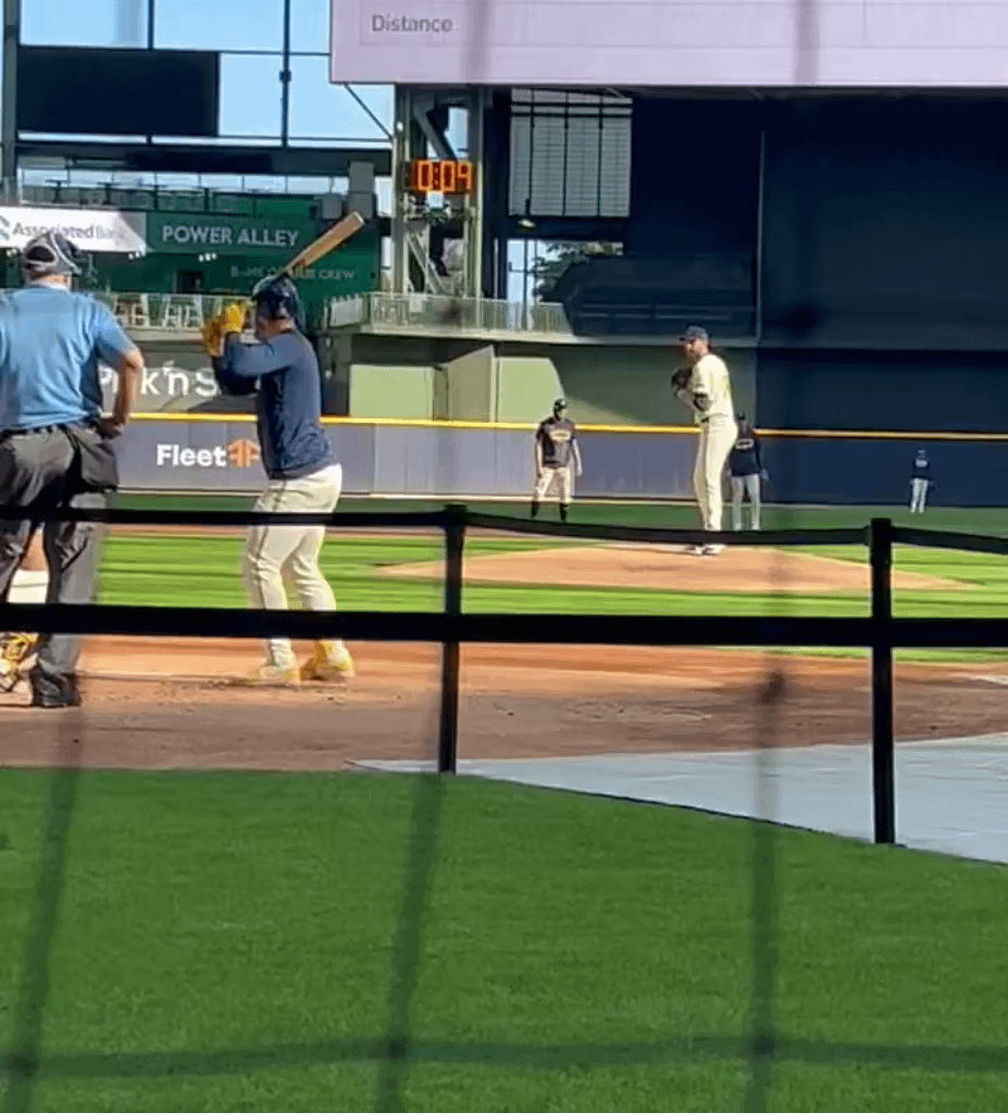 [Highlight] The Brewers are having a scrimmage during their first round bye, and bullpen coach Charlie Greene is playing the role of umpire. The Brewers let him hear all about his missed call behind the plate as they have ABS up on the scoreboard