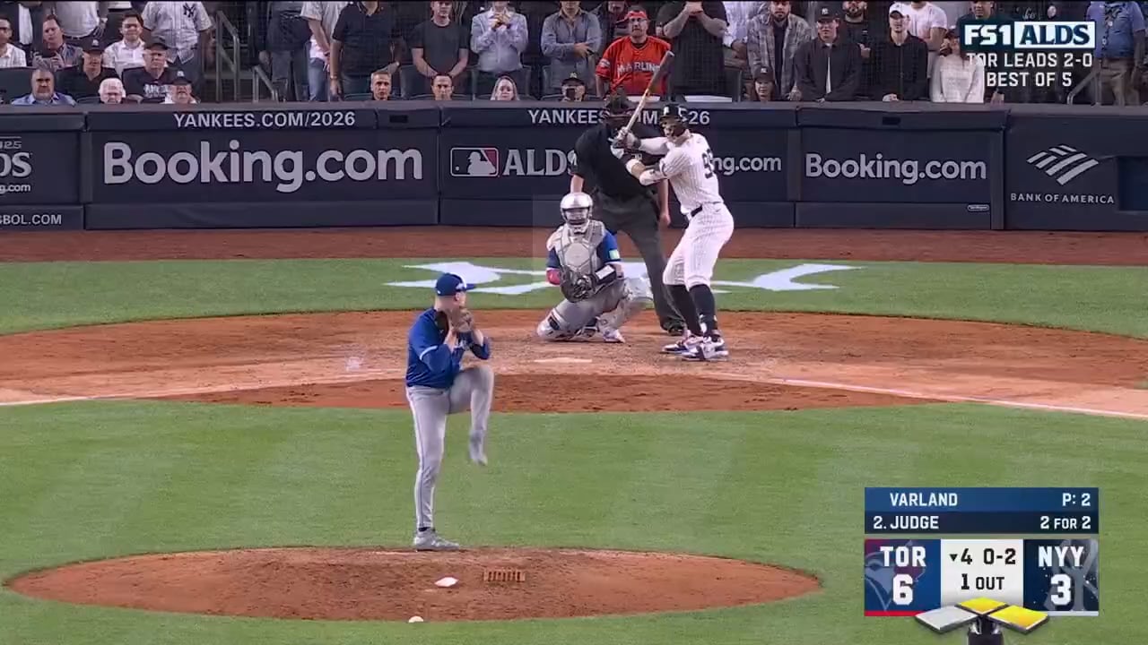 OFF THE FOUL POLE. AARON JUDGE. 3-RUN HOME RUN. TIE GAME.
