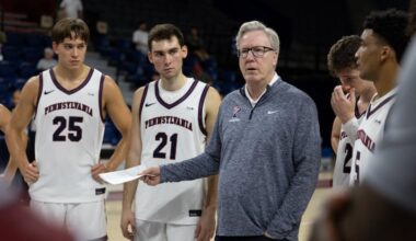Penn coach Fran McCaffery talks with players during an intra-squad scrimmage at the Palestra on Oct. 4.