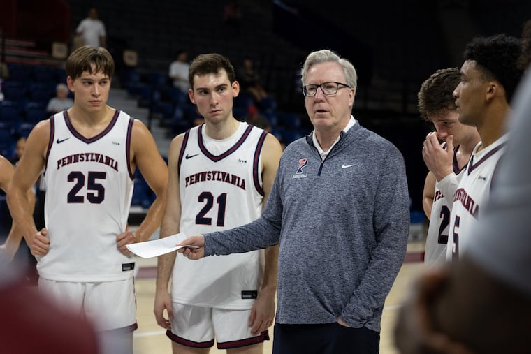 Penn coach Fran McCaffery talks with players during an intra-squad scrimmage at the Palestra on Oct. 4.