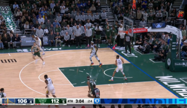 Myles Turner outstanding defensive effort on this play: meets Steph Curry at the level of the screen at the halfcourt(!) line, recovers to the paint, then meets Steph again at the top of the key, then recovers to the paint again — which helps GTJ force this turnover