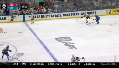 Blues goalie Joel Hofer passes it right to Ilya Mikheyev who scores on an empty net