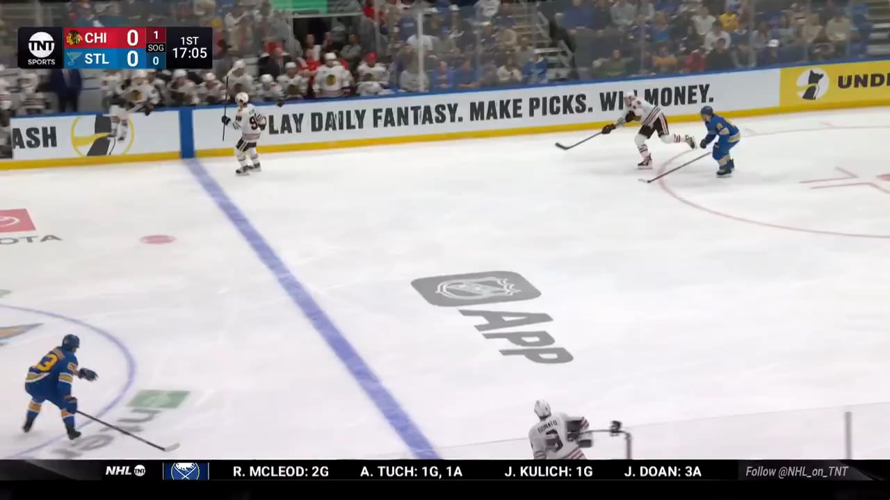 Blues goalie Joel Hofer passes it right to Ilya Mikheyev who scores on an empty net