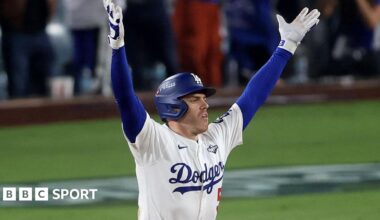Freddie Freeman celebrates after hitting his walk-off home run for the Los Angeles Dodgers