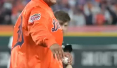 Miguel Cabrera threw out the first pitch prior to ALDS Game 3 in Detroit