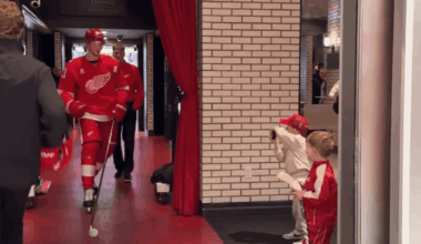 Baby Larkin joins the Red Wings' pregame fist-bump line