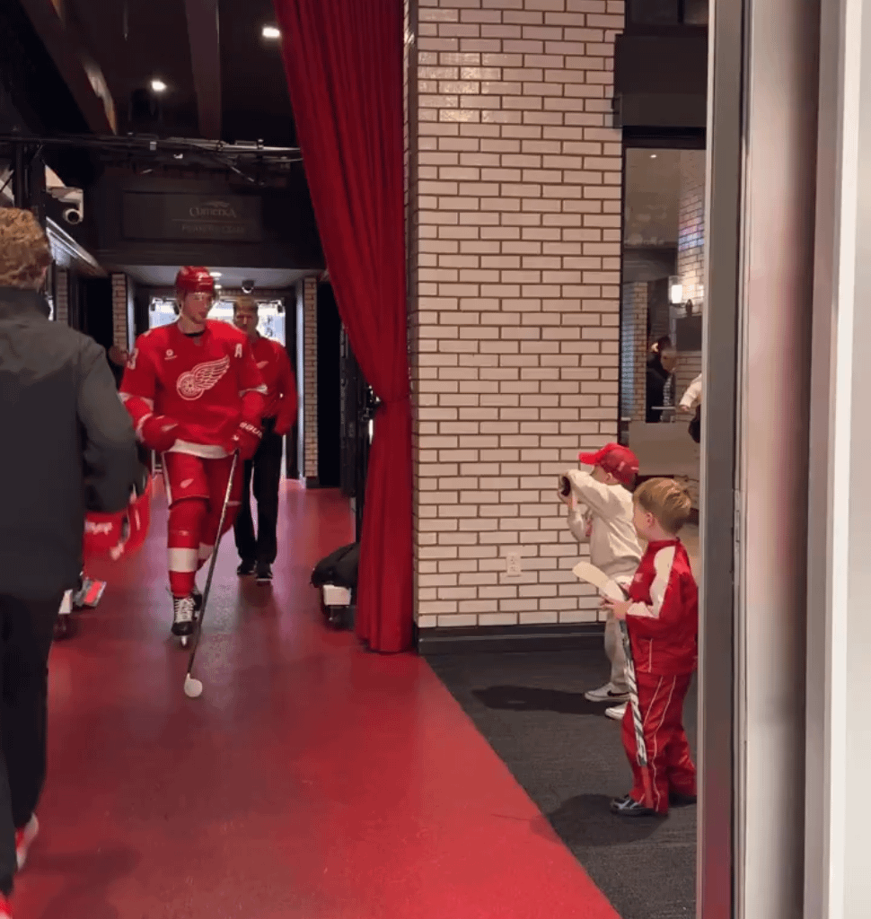 Baby Larkin joins the Red Wings' pregame fist-bump line
