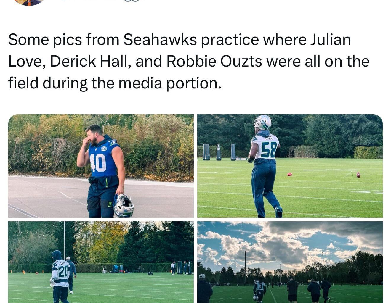 [Nemhauser] Some pics from Seahawks practice where Julian Love, Derick Hall, and Robbie Ouzts were all on the field during the media portion