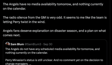 Blum: "The Angels have no media availability tomorrow, and nothing currently on the calendar. The radio silence from the GM is very odd. It seems to me like the team is letting Perry twist in the wind. Angels fans deserve explanation on disaster season, and a plan on what comes next."