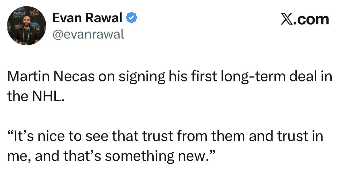 [Evan Rawal] Martin Necas on signing his first long-term deal in the NHL. “It’s nice to see that trust from them and trust in me, and that’s something new.”
