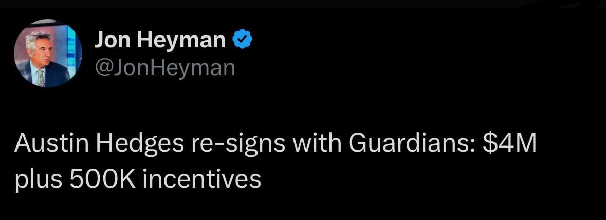 [Heyman] Austin Hedges re-signs with Guardians: $4M plus 500K incentives