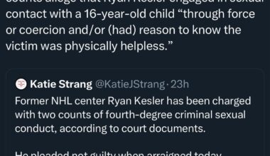 [Strang] According to the criminal complaint, both counts allege that Ryan Kesler engaged in sexual contact with a 16-year-old child “through force or coercion and/or (had) reason to know the victim was physically helpless.”