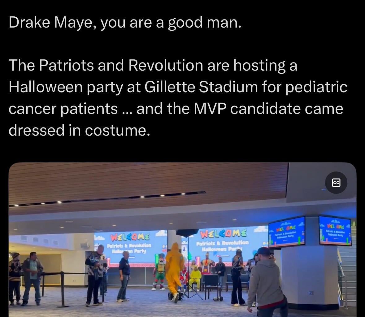 Drake Maye dressed up as the Pokémon Dragonite for the Halloween Party at Gillette Stadium for pediatric cancer patients