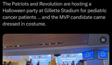 Drake Maye dressed up as the Pokémon Dragonite for the Halloween Party at Gillette Stadium for pediatric cancer patients