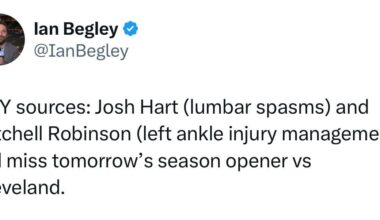 [Begley] SNY sources: Josh Hart (lumbar spasms) and Mitchell Robinson (left ankle injury management) will miss tomorrow’s season opener vs Cleveland.
