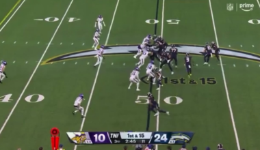 Chargers RB Kimani Vidal appears to use the Bears’ new first down celebration