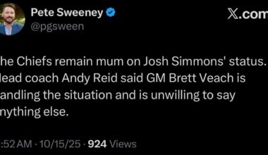 [Sweeney] The Chiefs remain mum on Josh Simmons' status. Head coach Andy Reid said GM Brett Veach is handling the situation and is unwilling to say anything else.