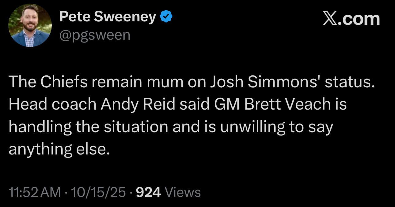 [Sweeney] The Chiefs remain mum on Josh Simmons' status. Head coach Andy Reid said GM Brett Veach is handling the situation and is unwilling to say anything else.