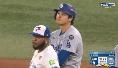 Shohei giggling with Vladdy after almost getting picked off