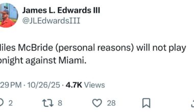 [Edwards III] Miles McBride (personal reasons) will not play tonight against Miami.