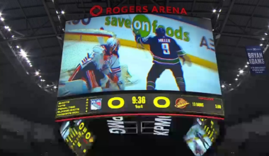 J.T. Miller acknowledges the cheering crowd after a tribute was shown for him during a commercial break