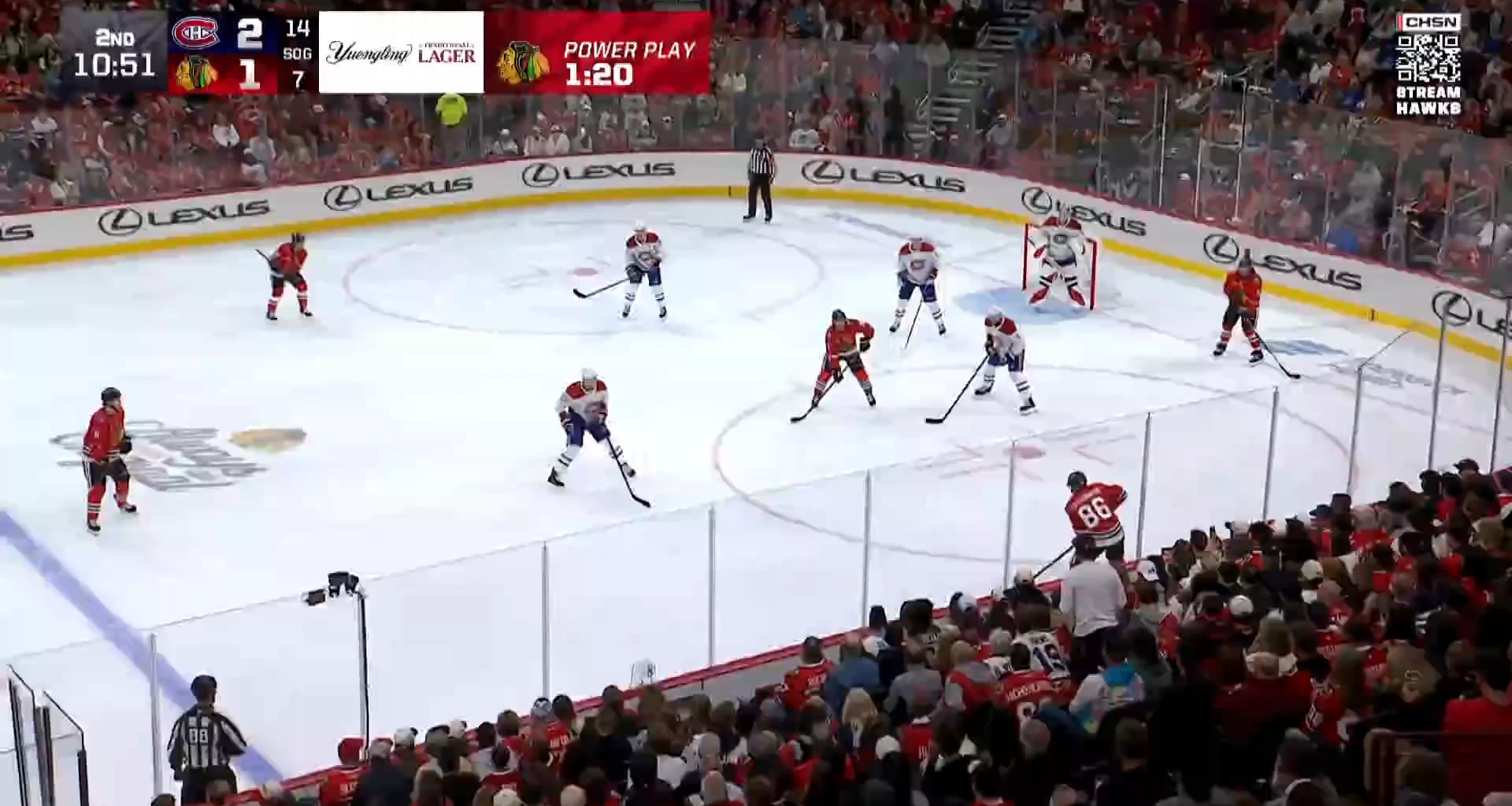 Frank Nazar's shot goes off Connor Bedard and in to tie it up