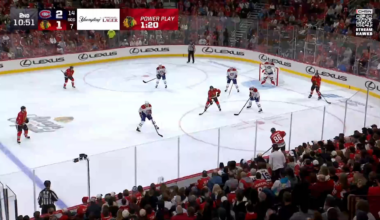 Frank Nazar's shot goes off Connor Bedard and in to tie it up