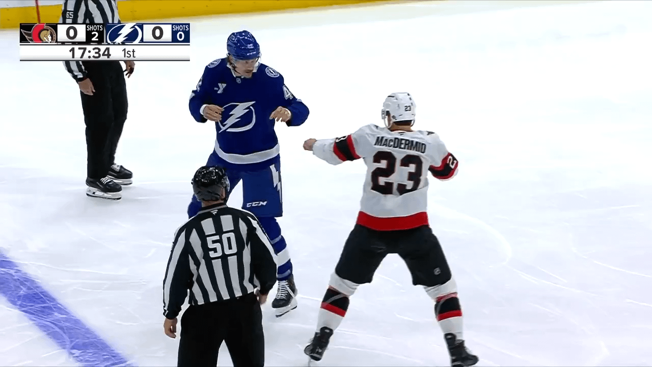 Kurtis MacDermid and Curtis Douglas drop the gloves in their debuts with their new teams